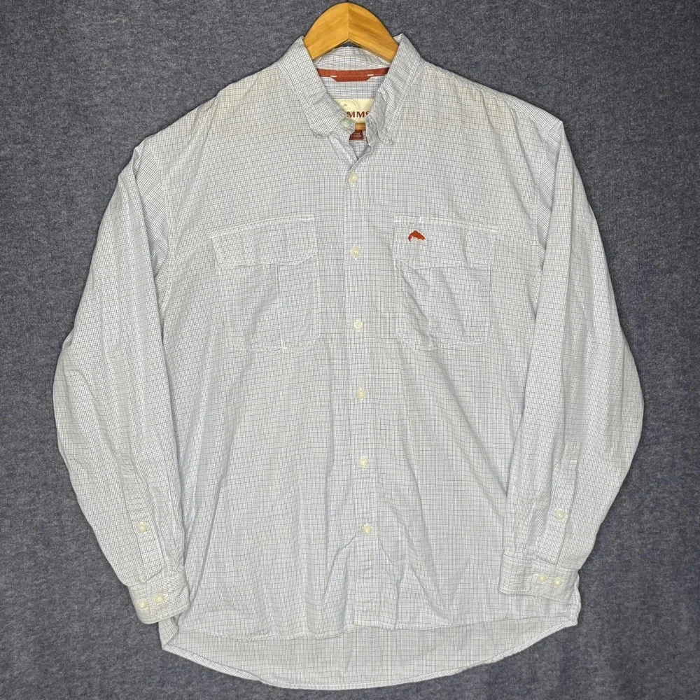 Simms Fishing Shirt Mens XL Blue White Plaid Cotton Long Sleeve Button Down Logo